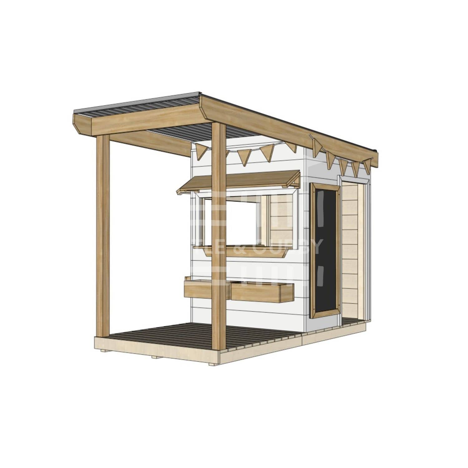 A commercial grade painted pine little square cubby house with front verandah and accessories package