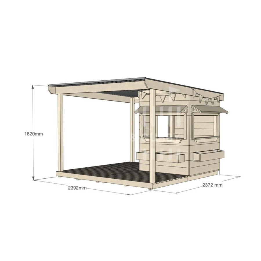 Commercial grade little square pine timber cubby house with wraparound verandah, accessories and dimensions