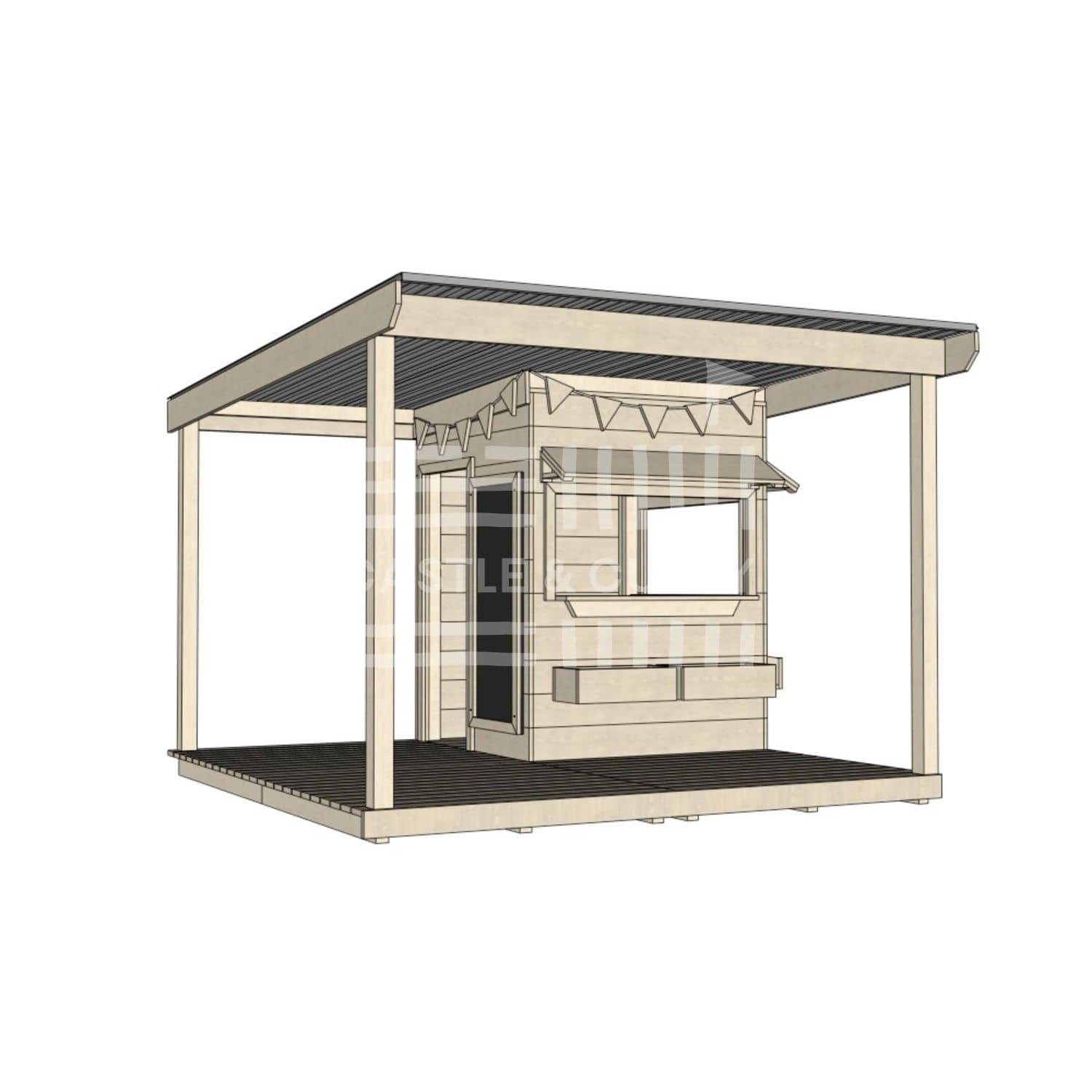 Commercial grade little square wooden cubby house with wraparound verandah and accessories