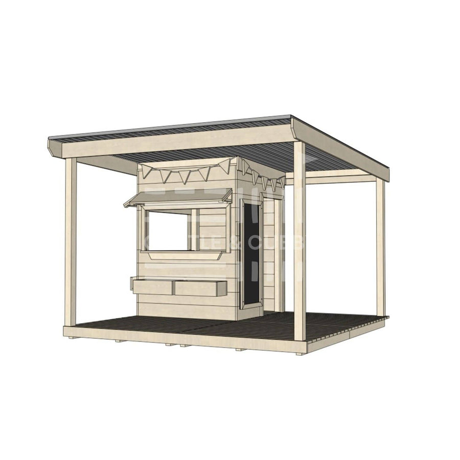 Commercial grade little square timber cubby house with wraparound verandah and accessories