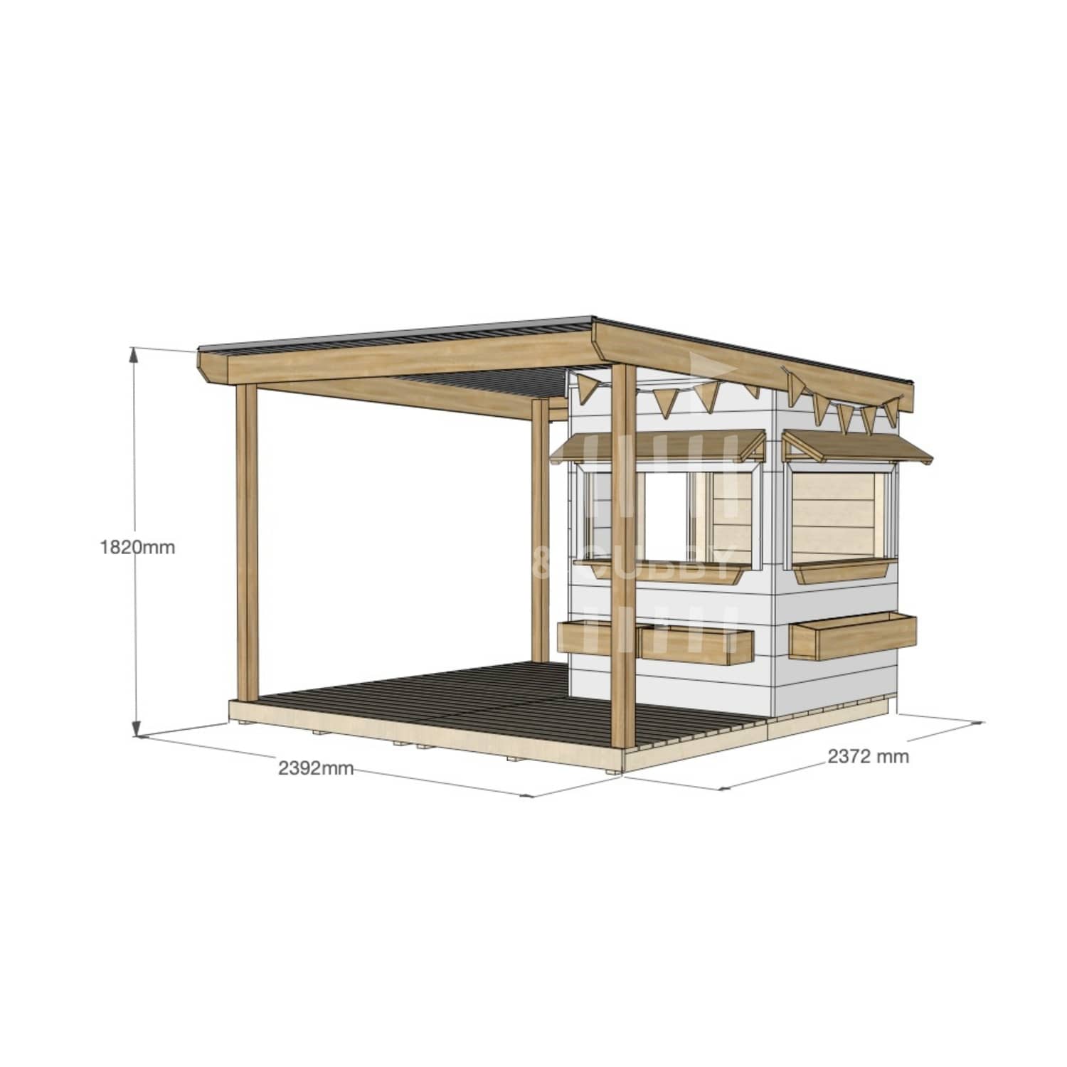 Commercial grade painted little square pine timber cubby house with wraparound verandah, accessories and dimensions
