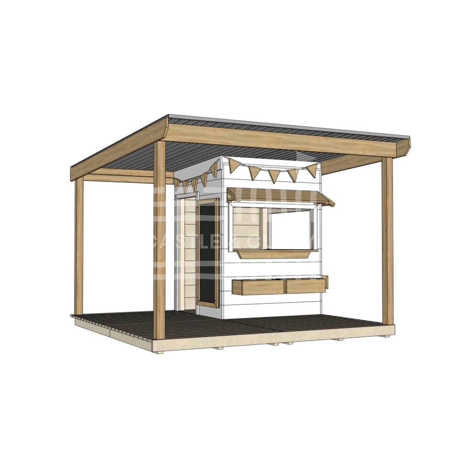 Commercial grade painted little square wooden cubby house with wraparound verandah and accessories