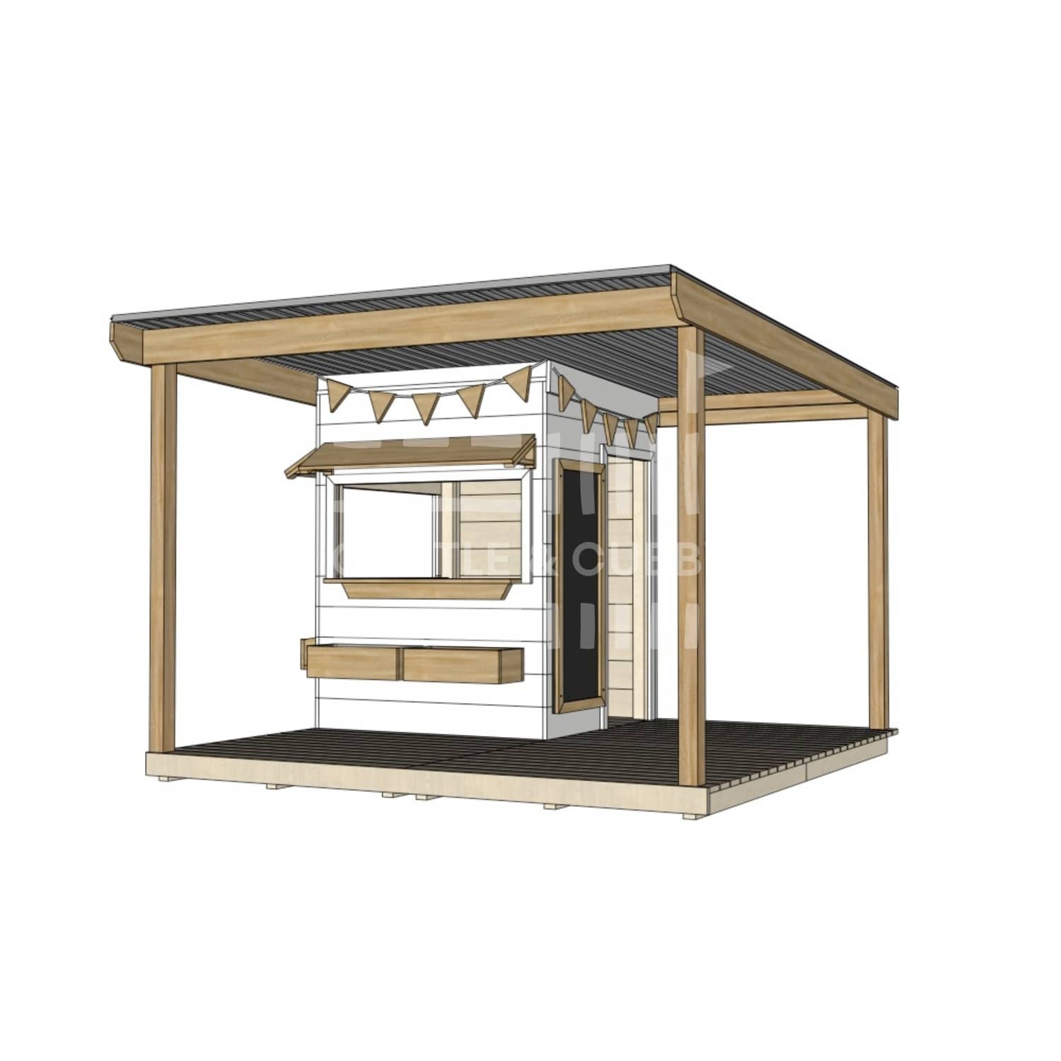 Commercial grade painted little square timber cubby house with wraparound verandah and accessories
