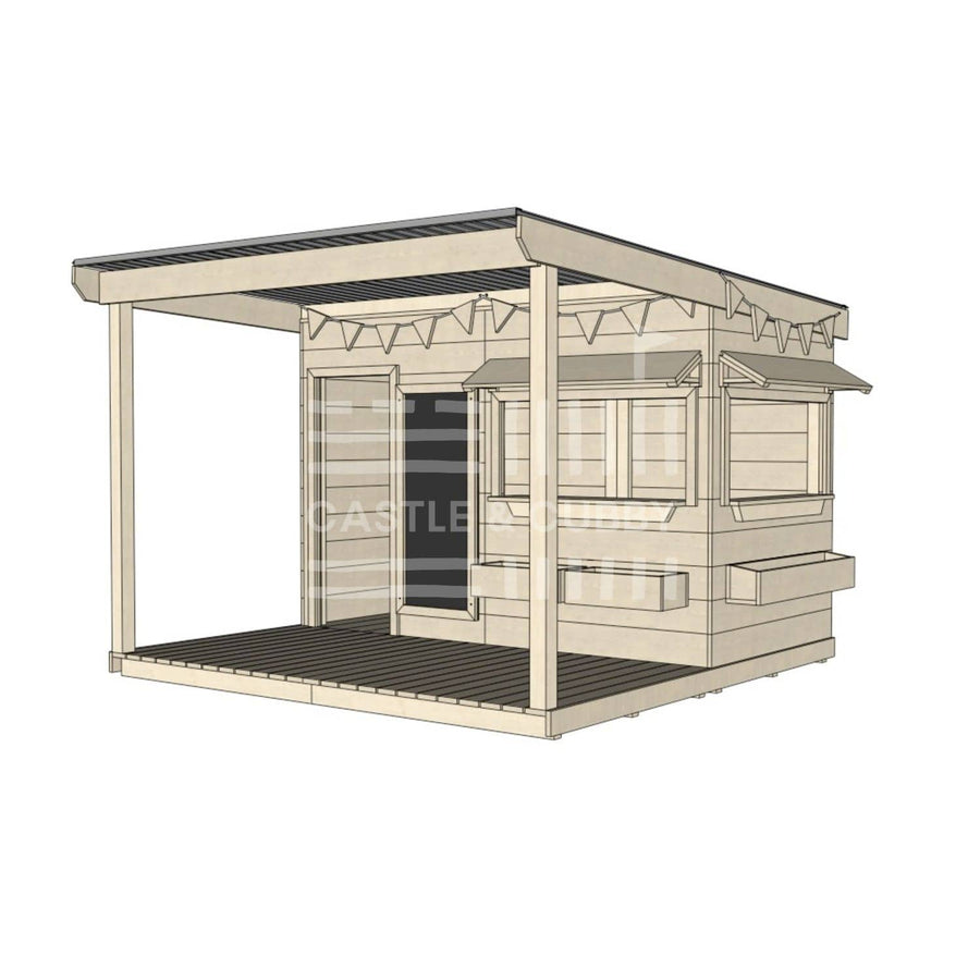 A commercial grade wooden midi rectangle cubby house with front verandah and accessories