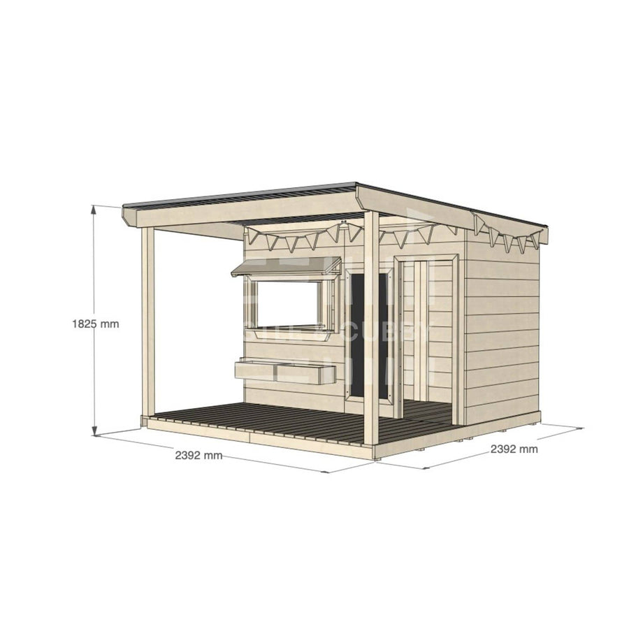 A commercial grade pine midi rectangle cubby house with front verandah and accessories package