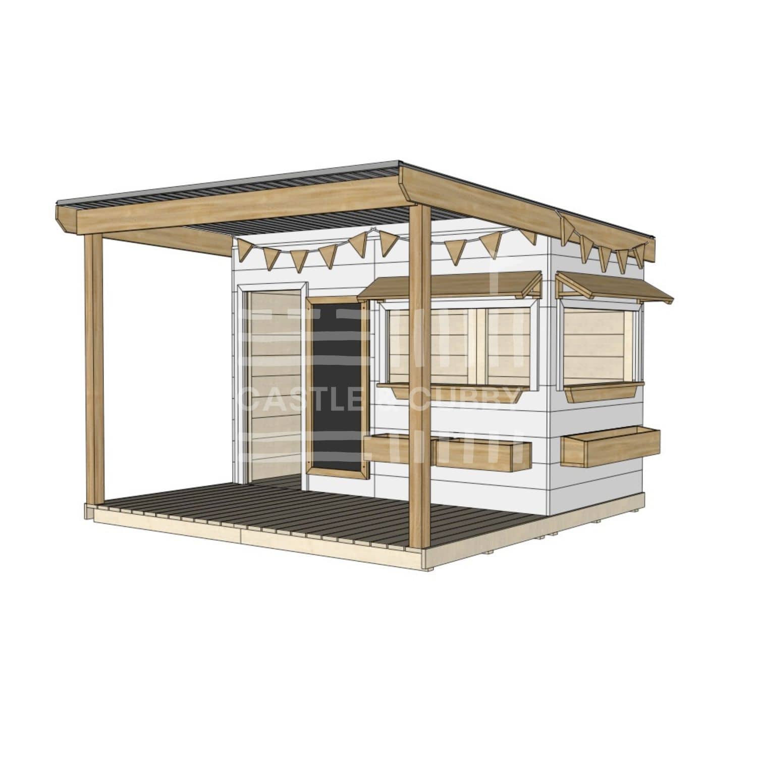A commercial grade painted wooden midi rectangle cubby house with front verandah and accessories
