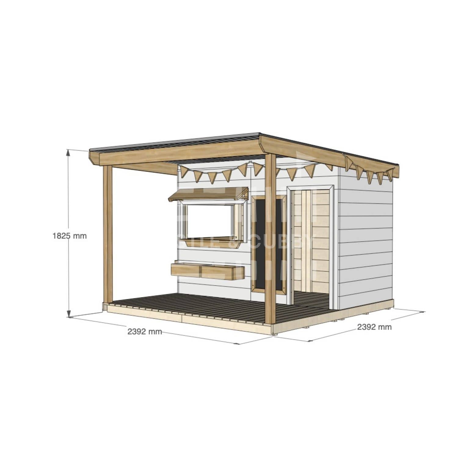 A commercial grade painted pine midi rectangle cubby house with front verandah and accessories package
