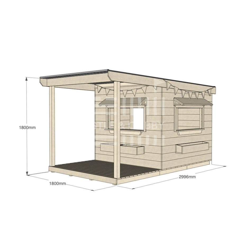 A commercial grade pine midi square cubby house with front verandah, accessories and dimensions