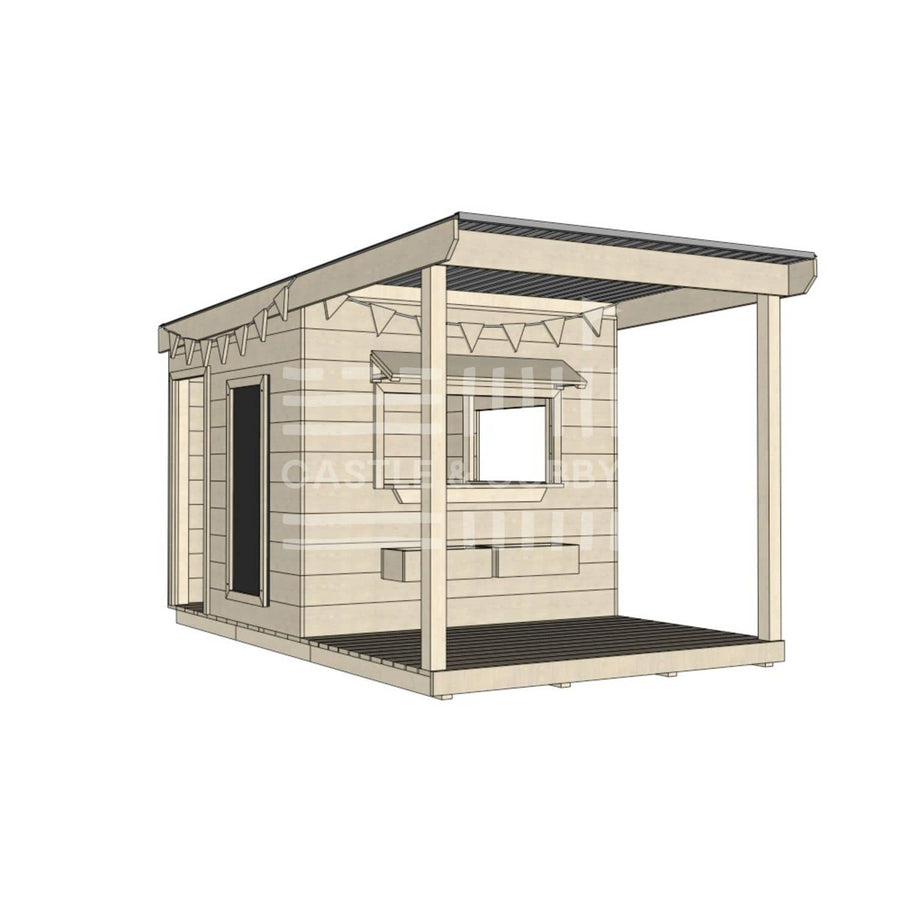 A commercial grade wooden midi square cubby house with front verandah and accessories