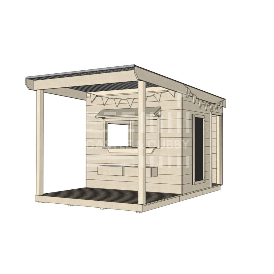 A commercial grade pine midi square cubby house with front verandah and accessories package