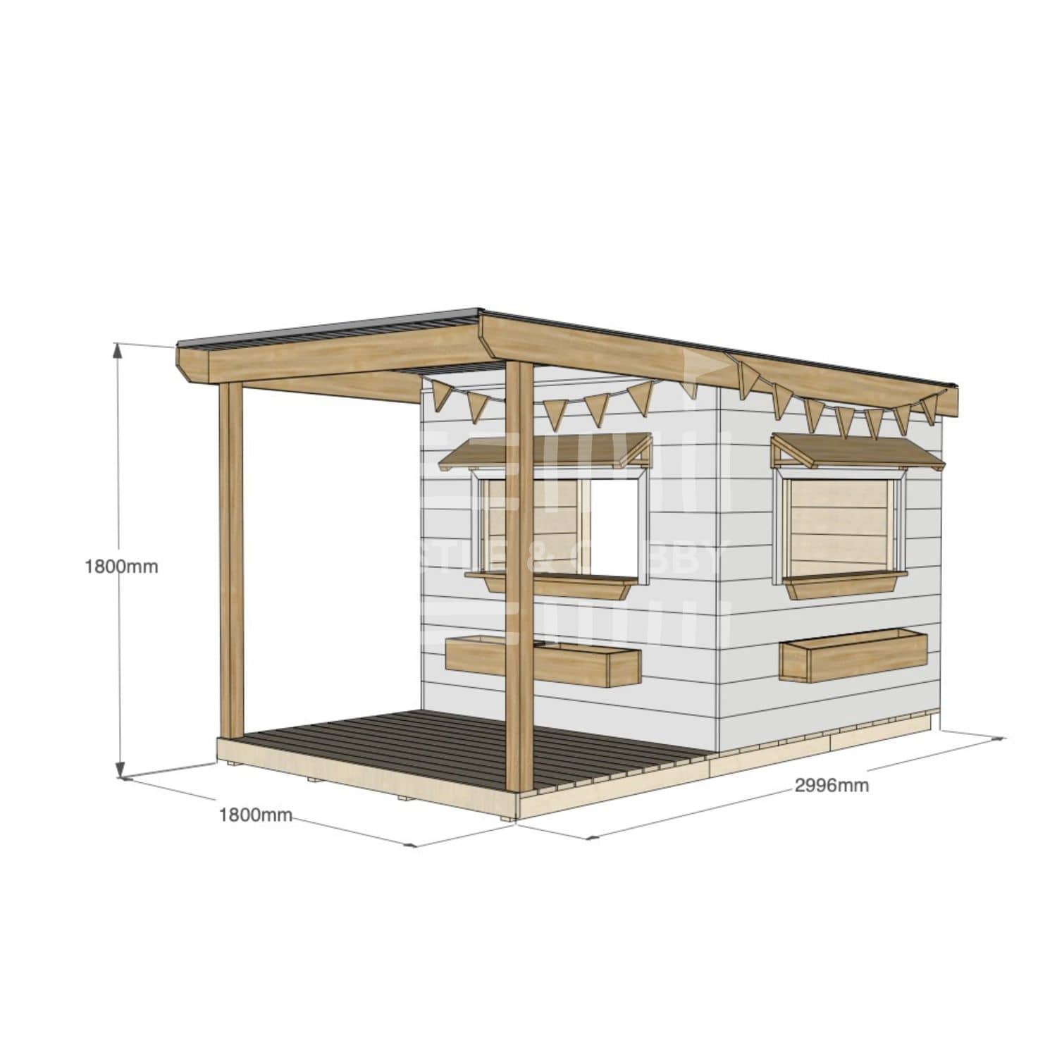 A commercial grade painted pine midi square cubby house with front verandah, accessories and dimensions