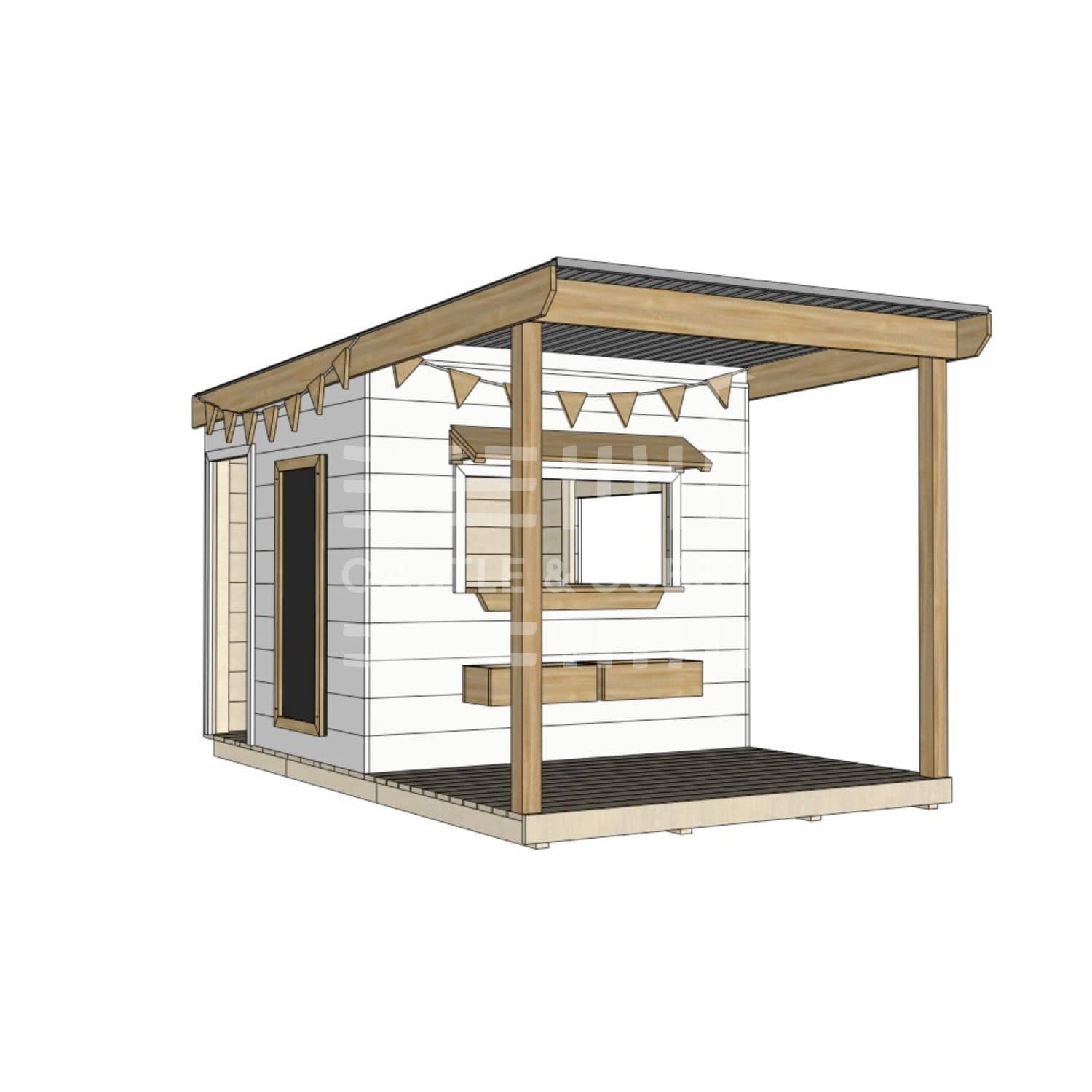 A commercial grade painted wooden midi square cubby house with front verandah and accessories