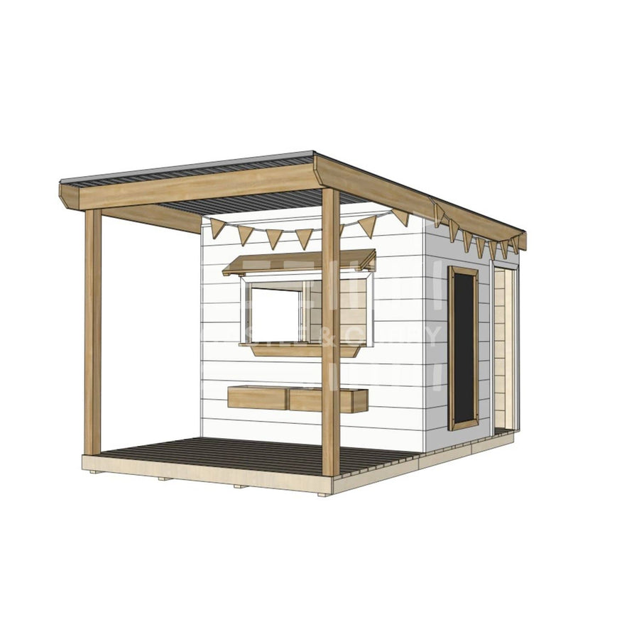 A commercial grade painted pine midi square cubby house with front verandah and accessories package