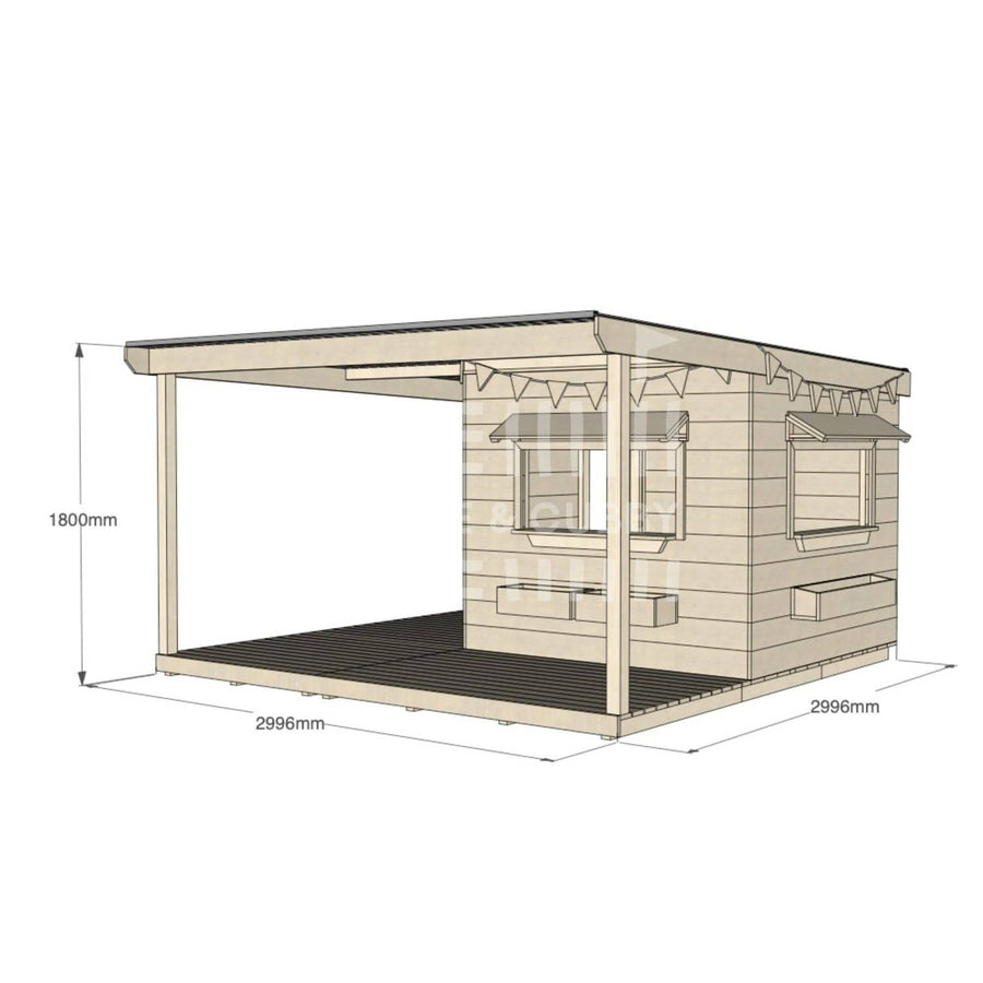Commercial grade midi square pine timber cubby house with wraparound verandah, accessories and dimensions