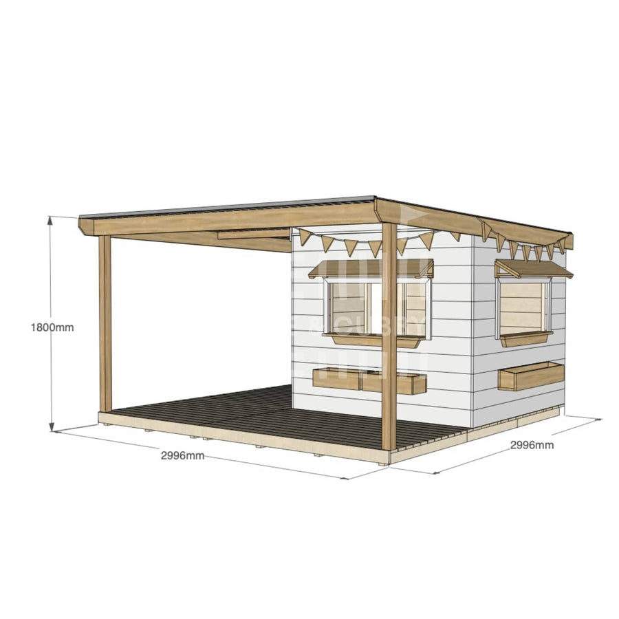 Commercial grade painted midi square pine timber cubby house with wraparound verandah, accessories and dimensions