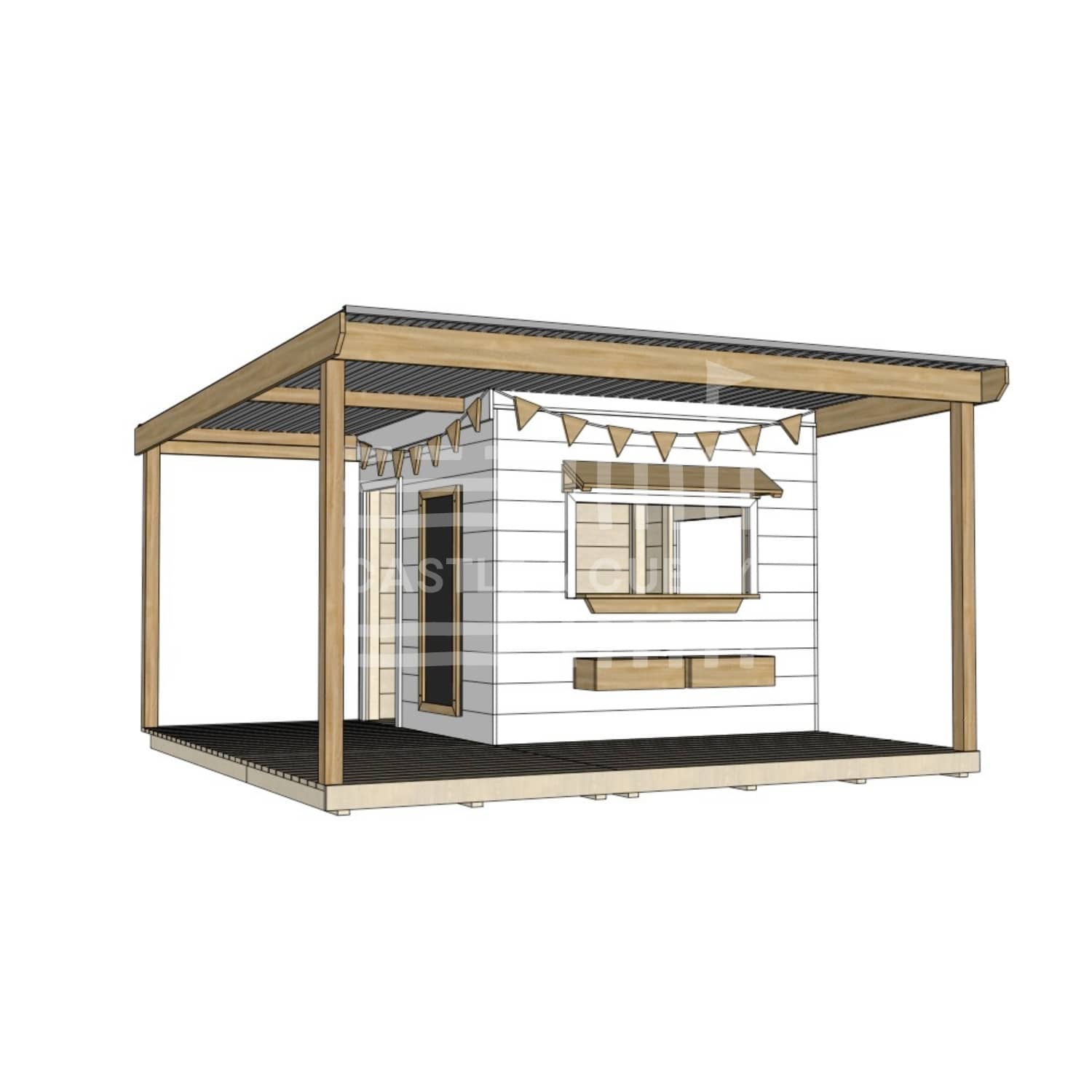 Commercial grade painted midi square wooden cubby house with wraparound verandah and accessories