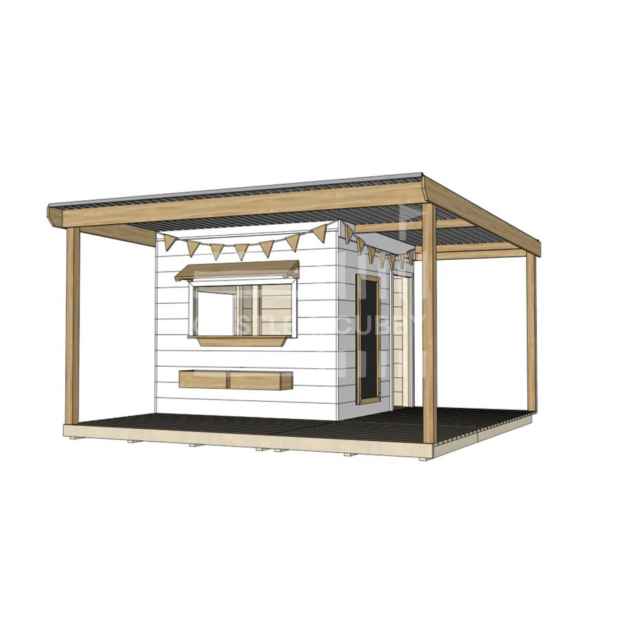 Commercial grade painted midi square timber cubby house with wraparound verandah and accessories