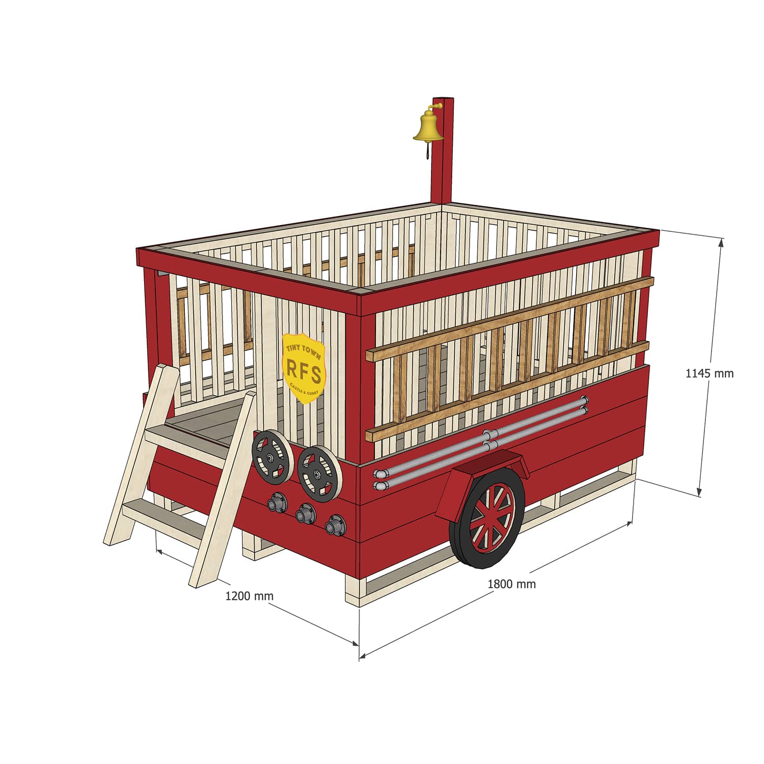 Castle and Cubby Timber Fire Truck Raised Platform Ladder Commercial