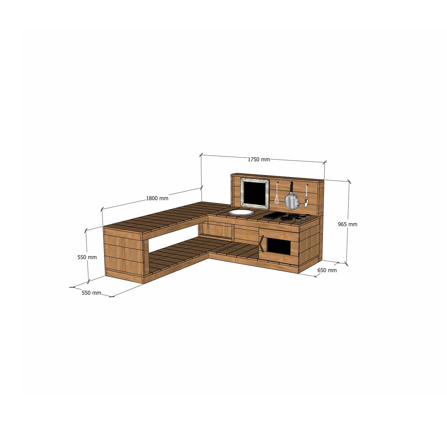 Small Hardwood Wooden L Shaped Mud Kitchen with Stovetop Sink and Oven