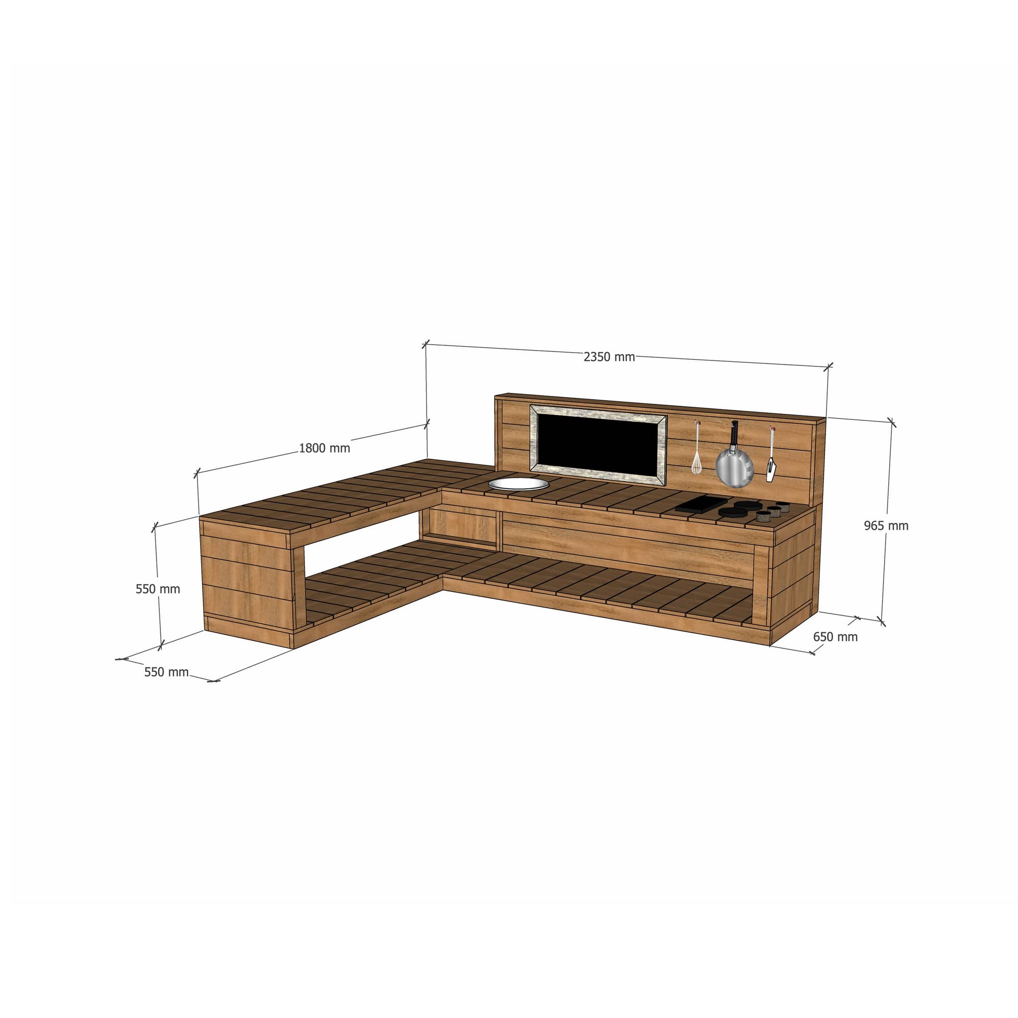 Medium Hardwood Wooden L Shaped Mud Kitchen with Stovetop and Sink