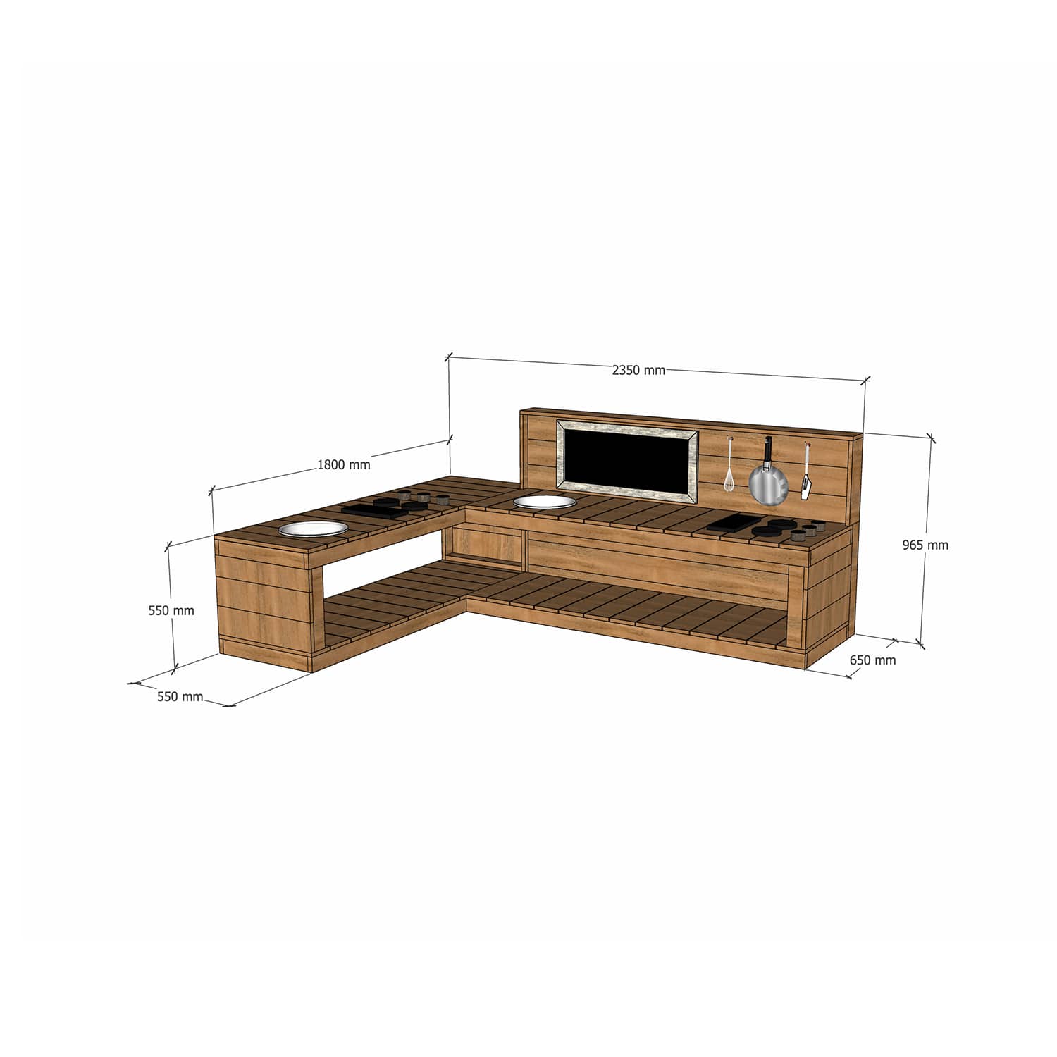 Medium Hardwood Timber L Shaped Mud Kitchen with Stovetop and Sink