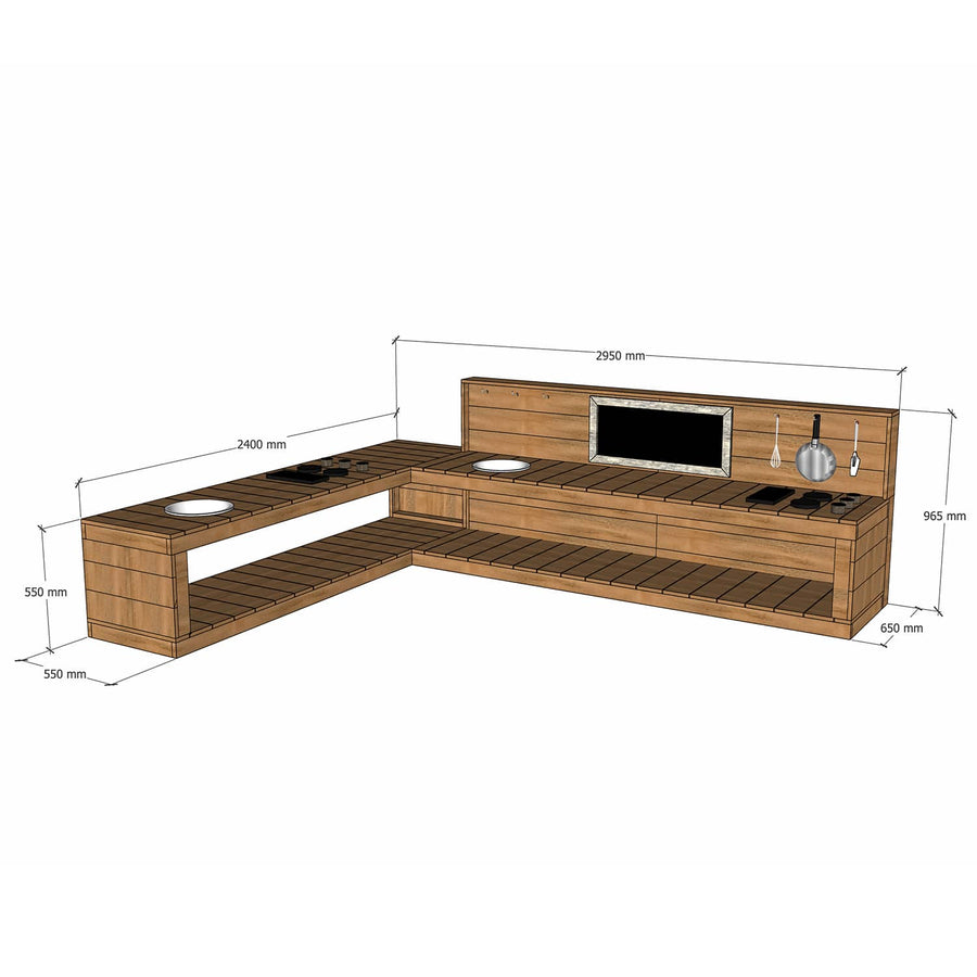 Large Hardwood Timber L Shaped Mud Kitchen with Stovetop and Sink
