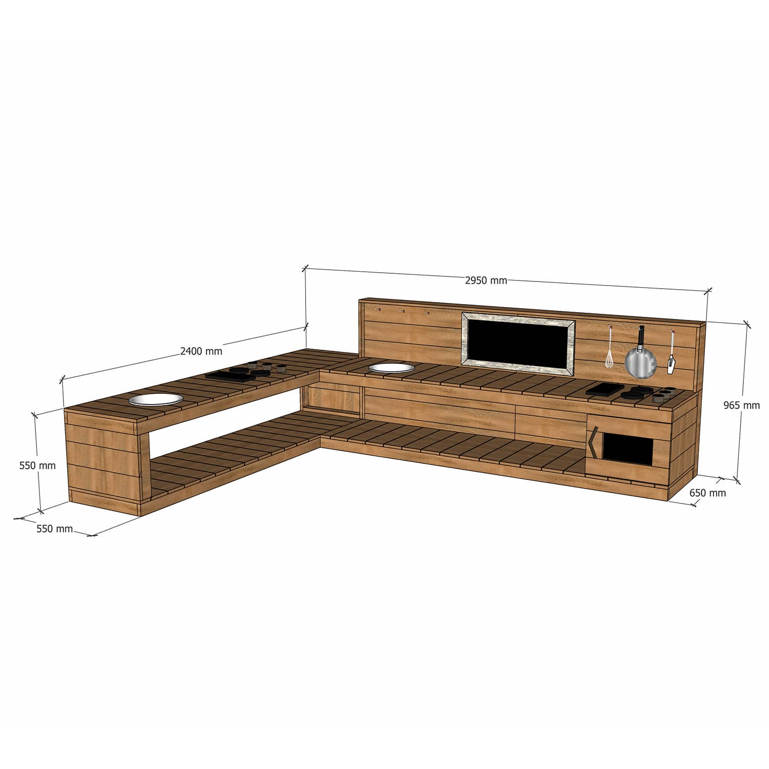 Large Hardwood Timber L Shaped Mud Kitchen with Stovetop Sink and Oven