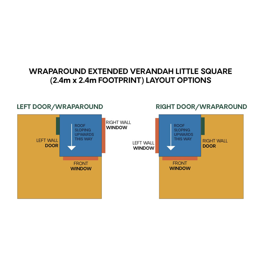 Layout options for little square cubby with wraparound verandah