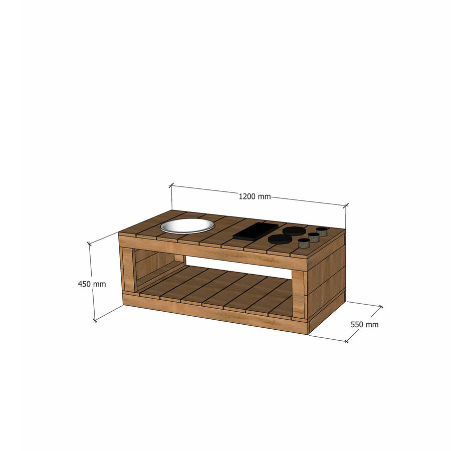 Thermory mud kitchen 1200mm wide and 450mm bench height dimensions