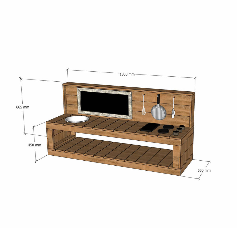 Thermory mud kitchen 1800mm wide with half back and 450mm bench height