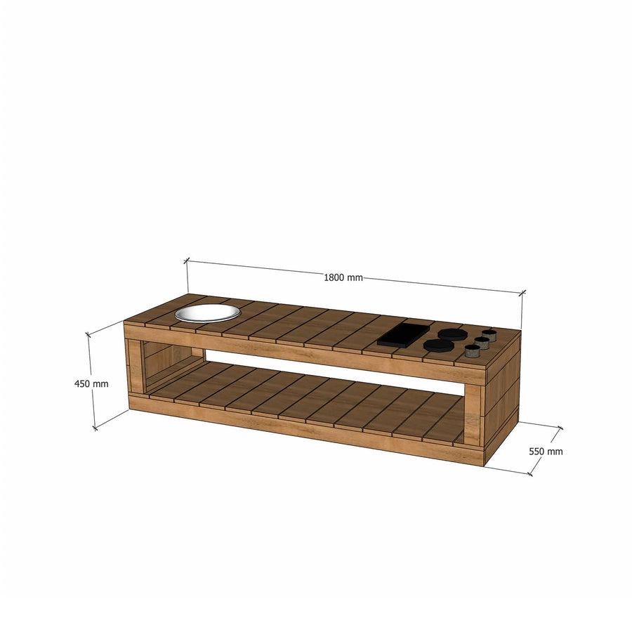 Thermory mud kitchen 1800mm wide and 450mm bench height