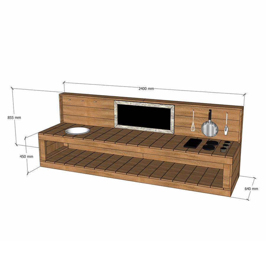 Thermory mud kitchen 2400mm wide with full back and 450mm bench height