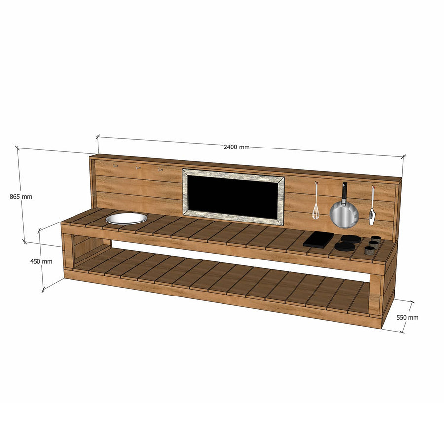 Thermory mud kitchen 2400mm wide with half back and 450mm bench height