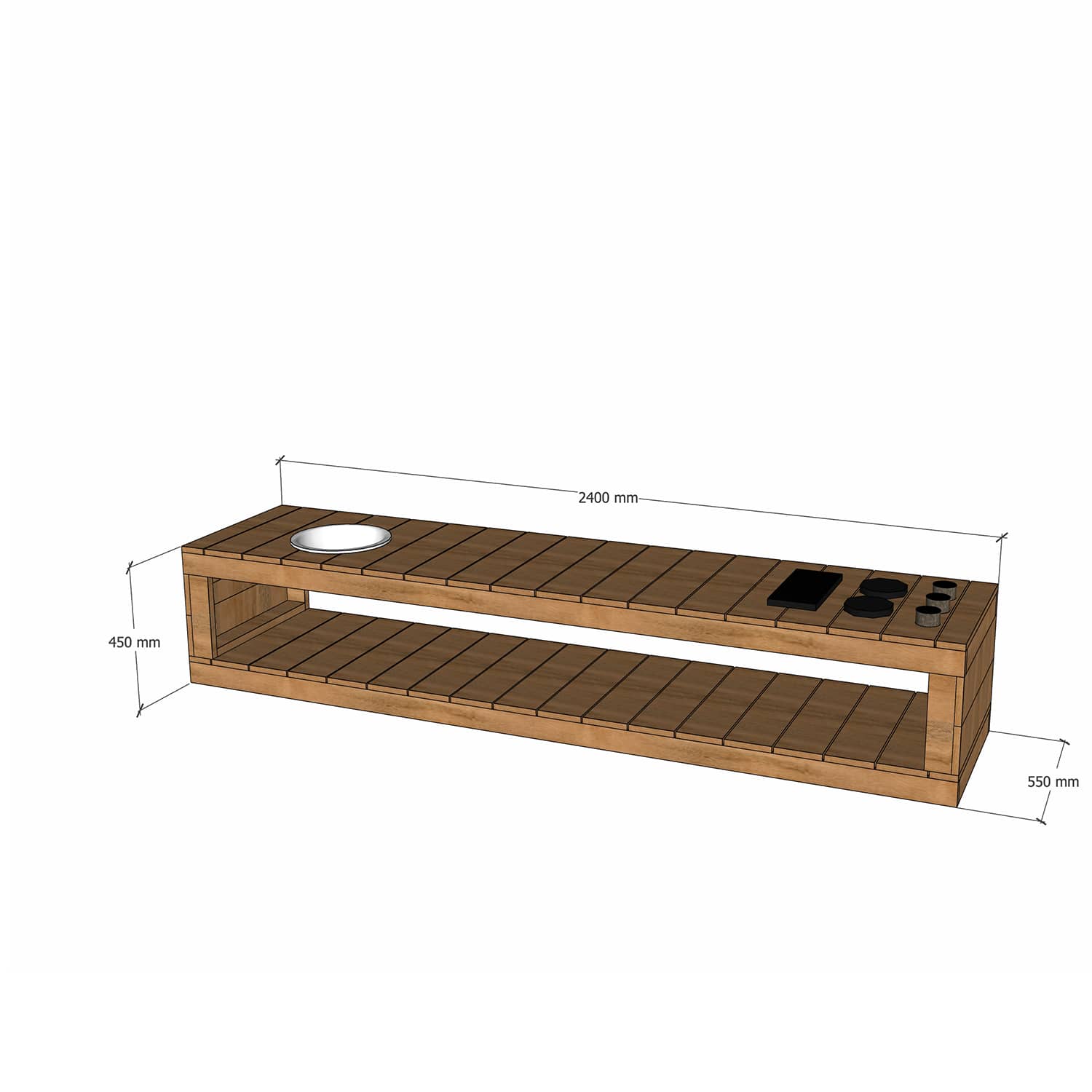 Thermory mud kitchen 2400mm wide and 450mm bench height