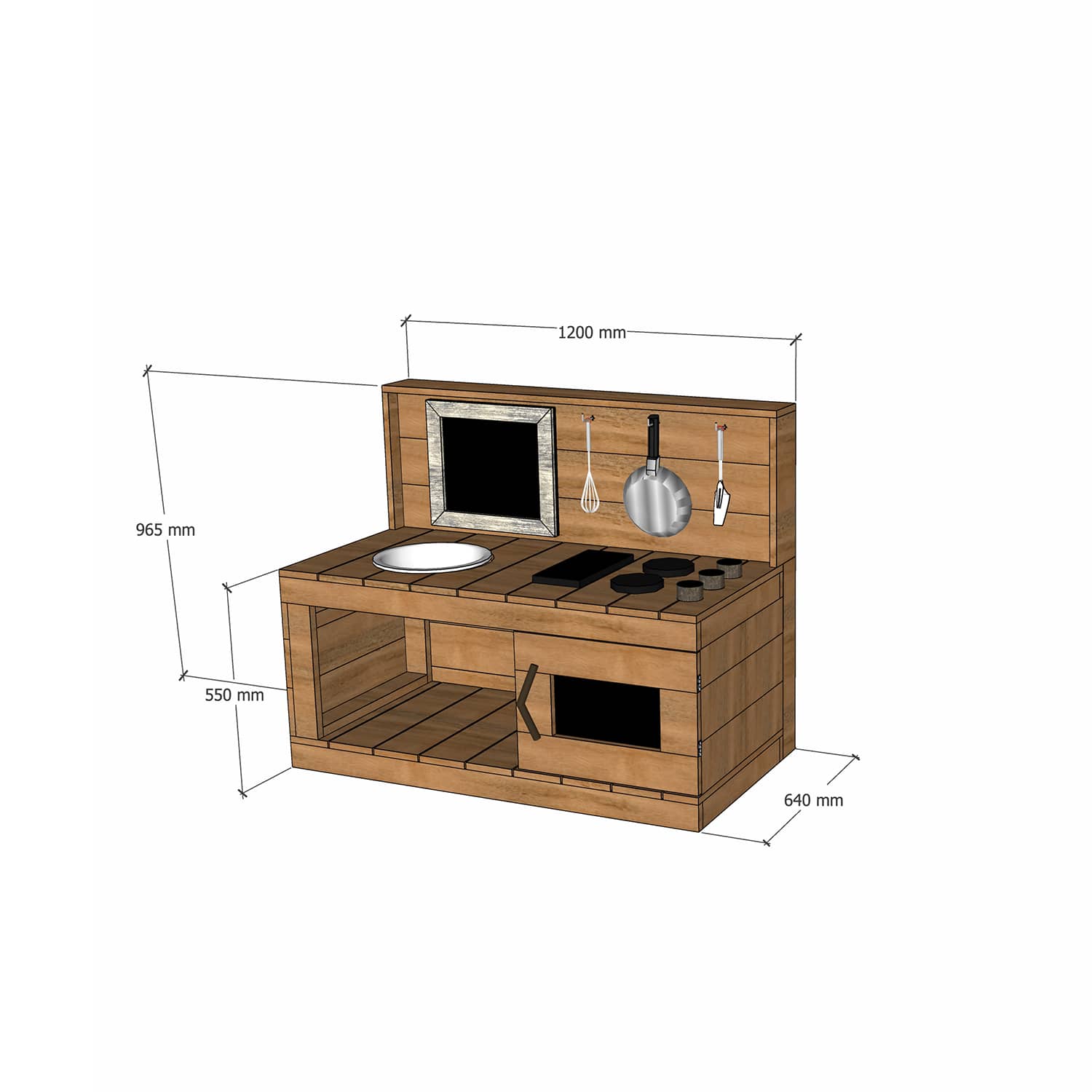 Thermory mud kitchen with oven 1200mm wide with full back and 550mm bench height