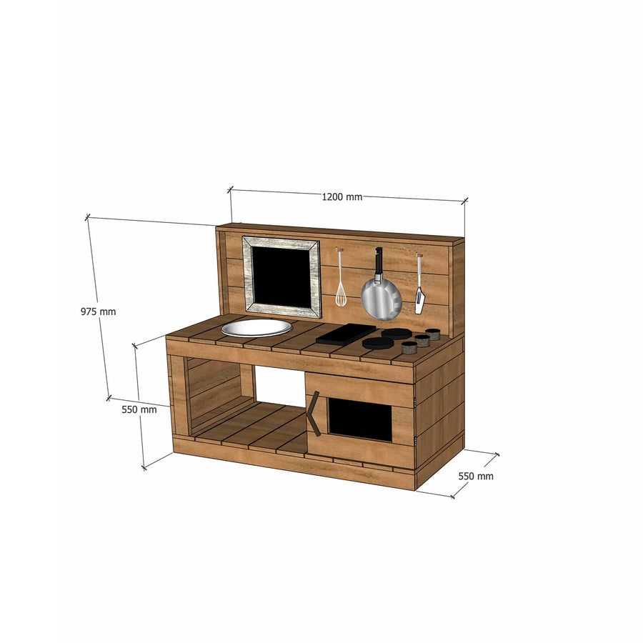 Thermory mud kitchen with oven 1200mm wide with half back and 550mm bench height
