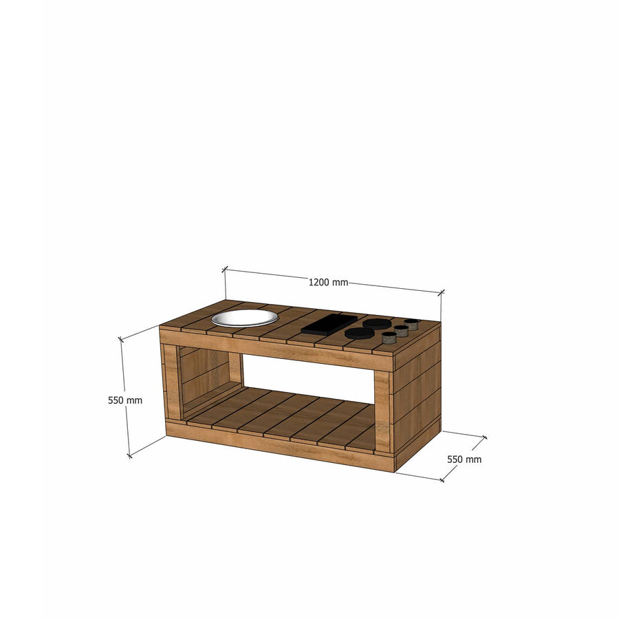 Thermory mud kitchen 1200mm wide and 550mm bench height