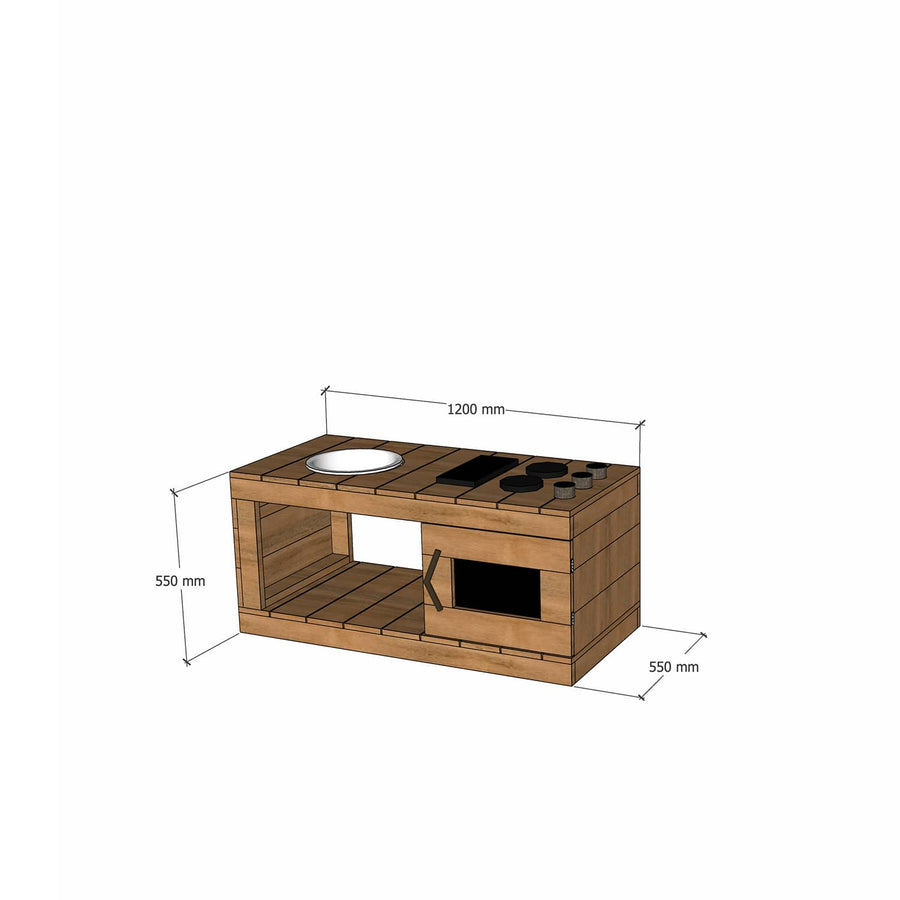 Thermory mud kitchen with oven 1200mm wide and 550mm bench height