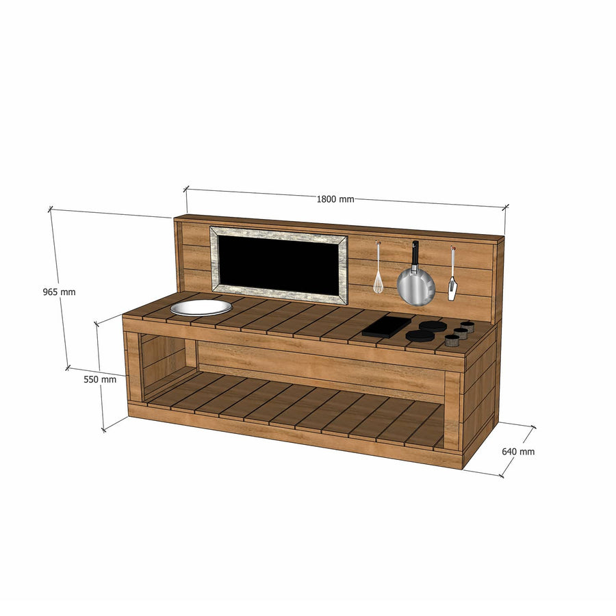 Thermory mud kitchen 1800mm wide with full back and 550mm bench height