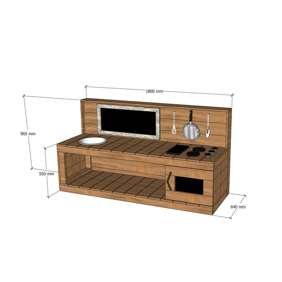 Thermory mud kitchen with oven 1800mm wide with full back and 550mm bench height