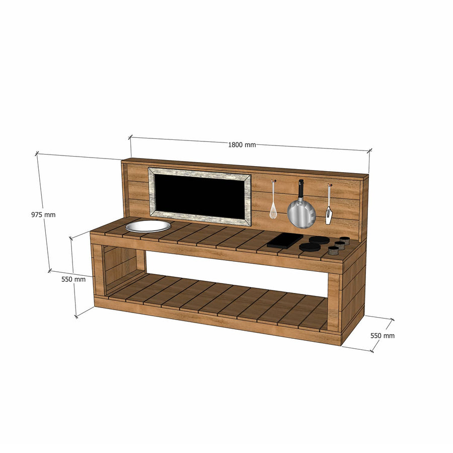 Thermory mud kitchen 1800mm wide with half back and 550mm bench height