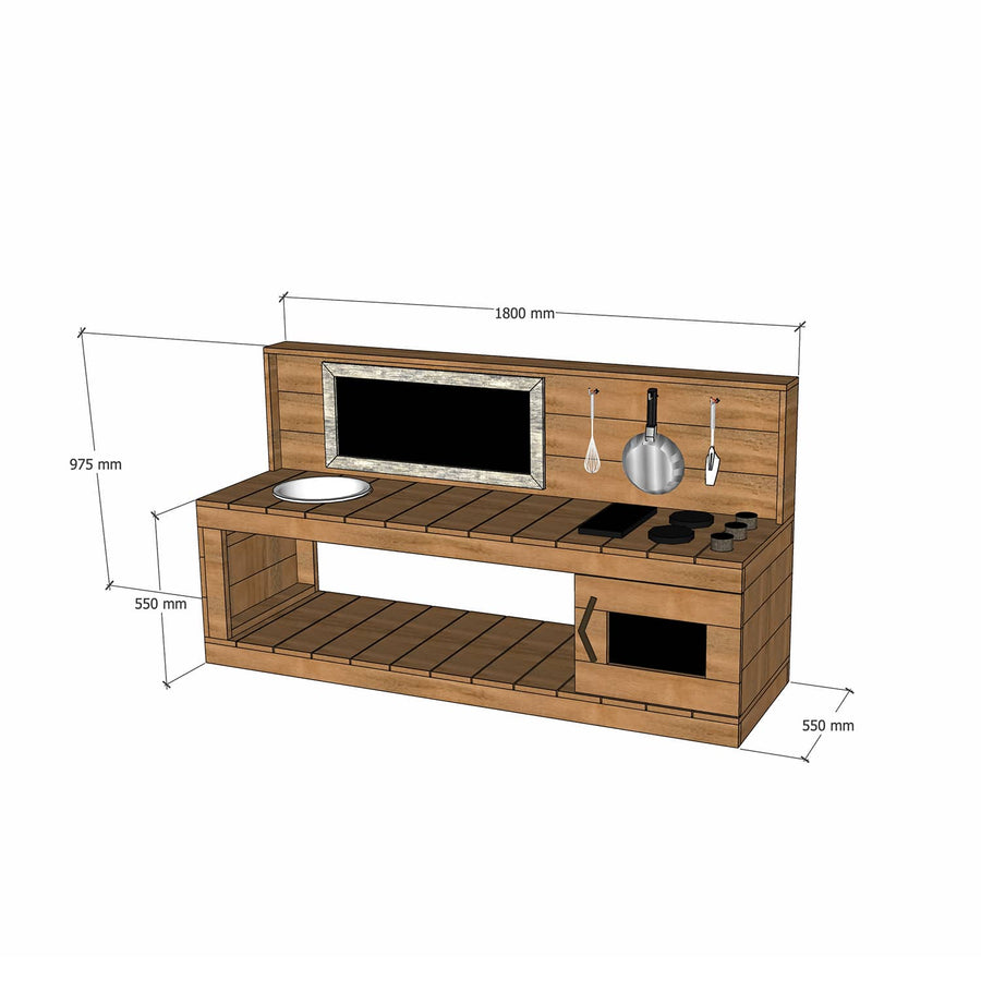Thermory mud kitchen with oven 1800mm wide with half back and 550mm bench height