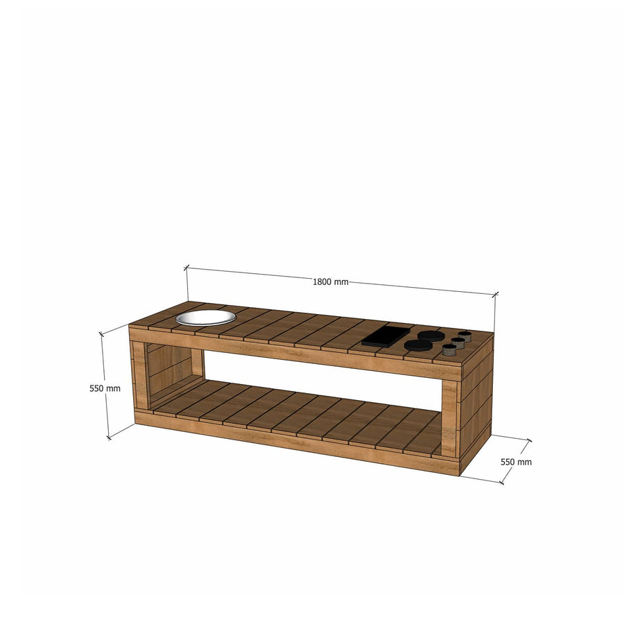Thermory mud kitchen 1800mm wide and 550mm bench height