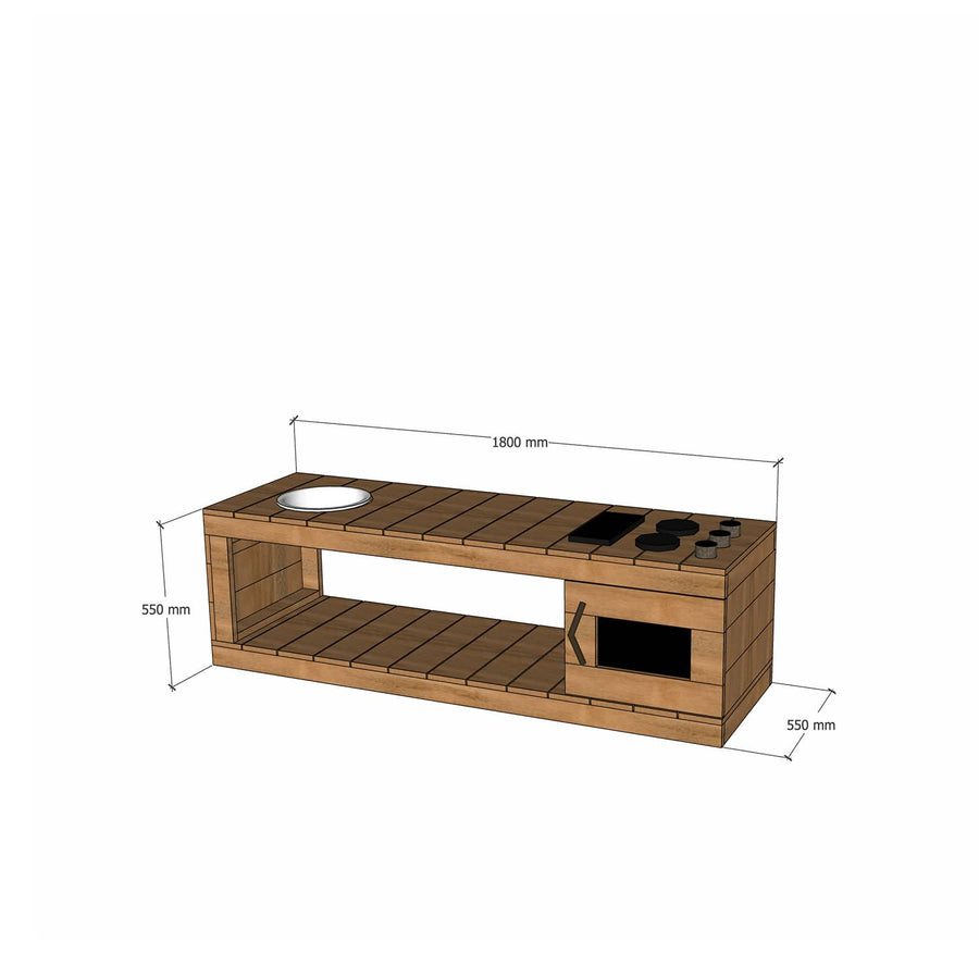 Thermory mud kitchen with oven 1800mm wide and 550mm bench height