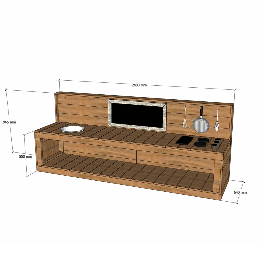 Thermory mud kitchen 2400mm wide with full back and 550mm bench height