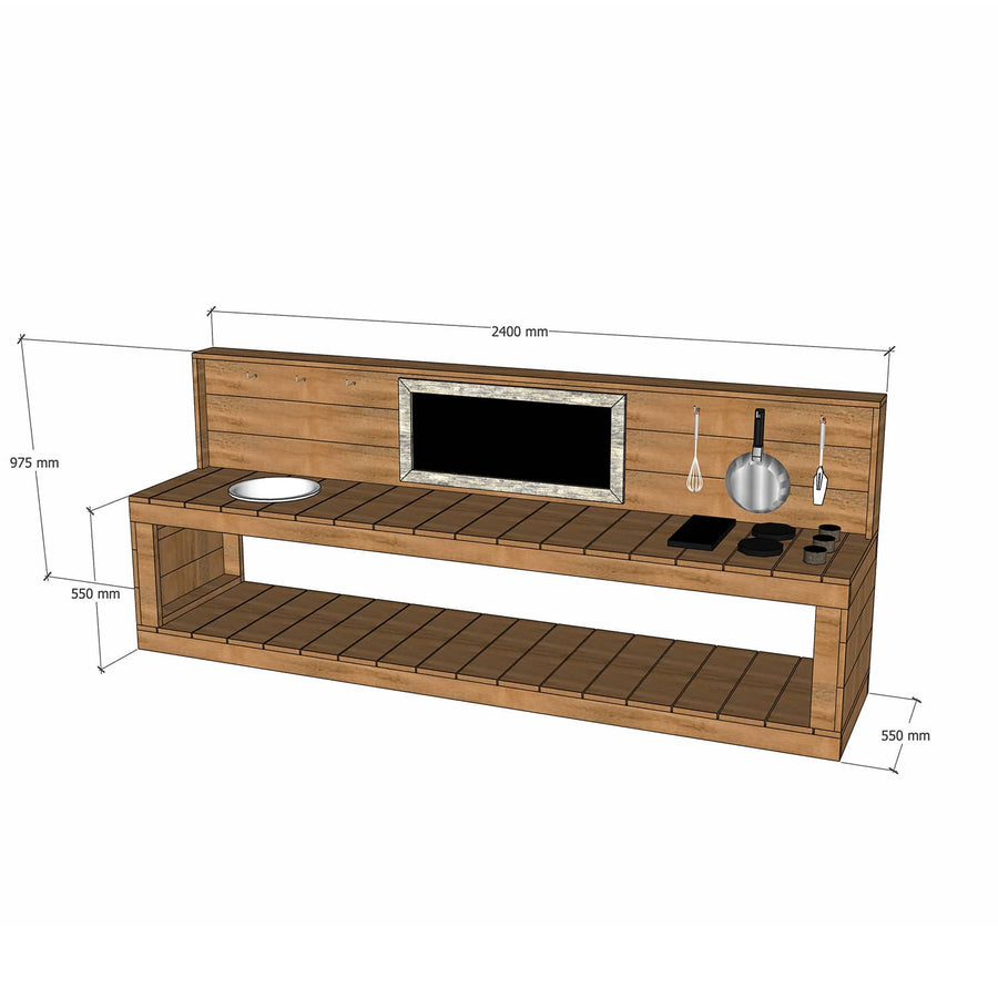 Thermory mud kitchen 2400mm wide with half back and 550mm bench height