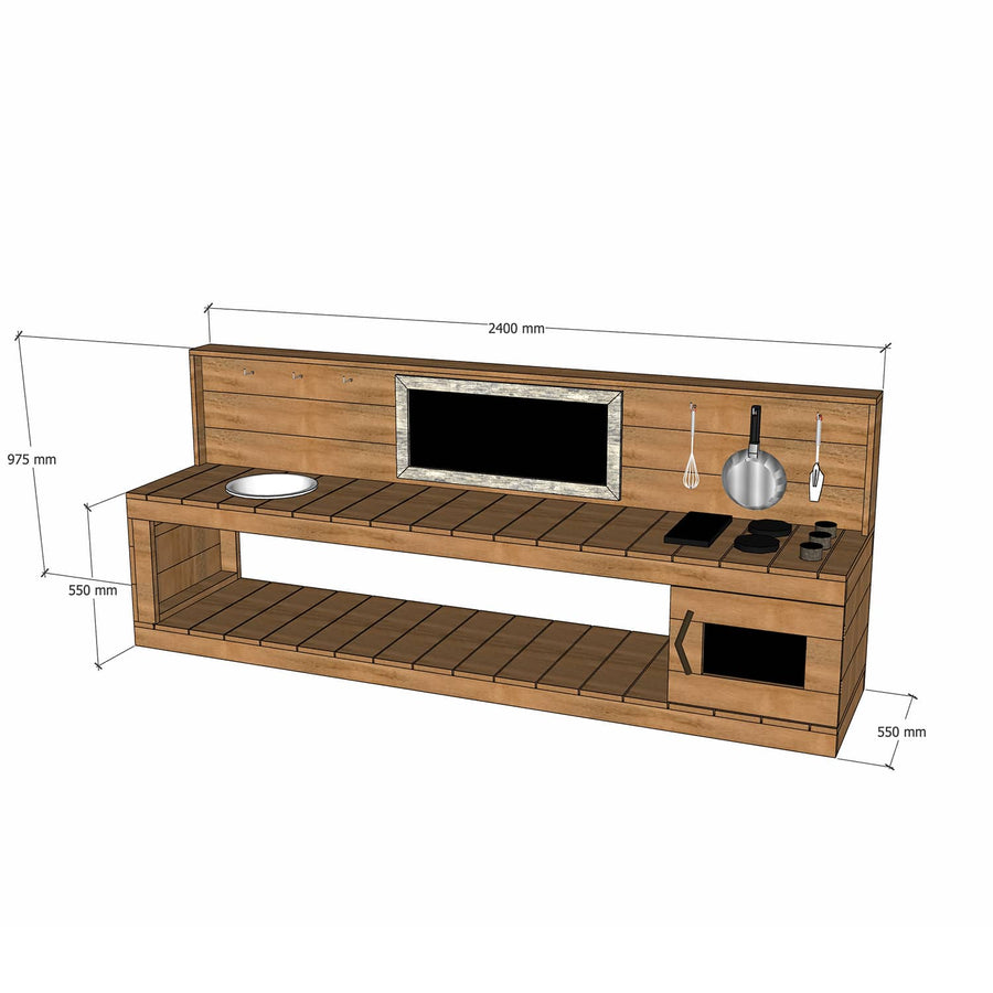 Thermory mud kitchen with oven 2400mm wide with half back and 550mm bench height