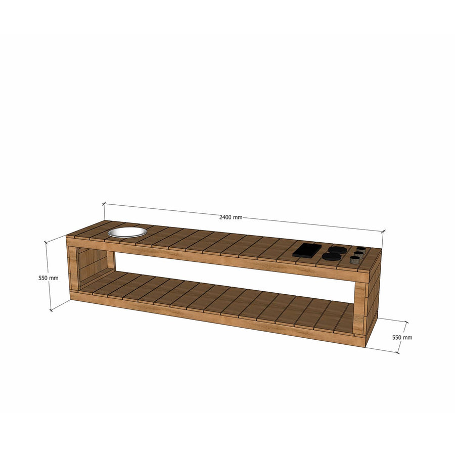 Thermory mud kitchen 2400mm wide and 550mm bench height