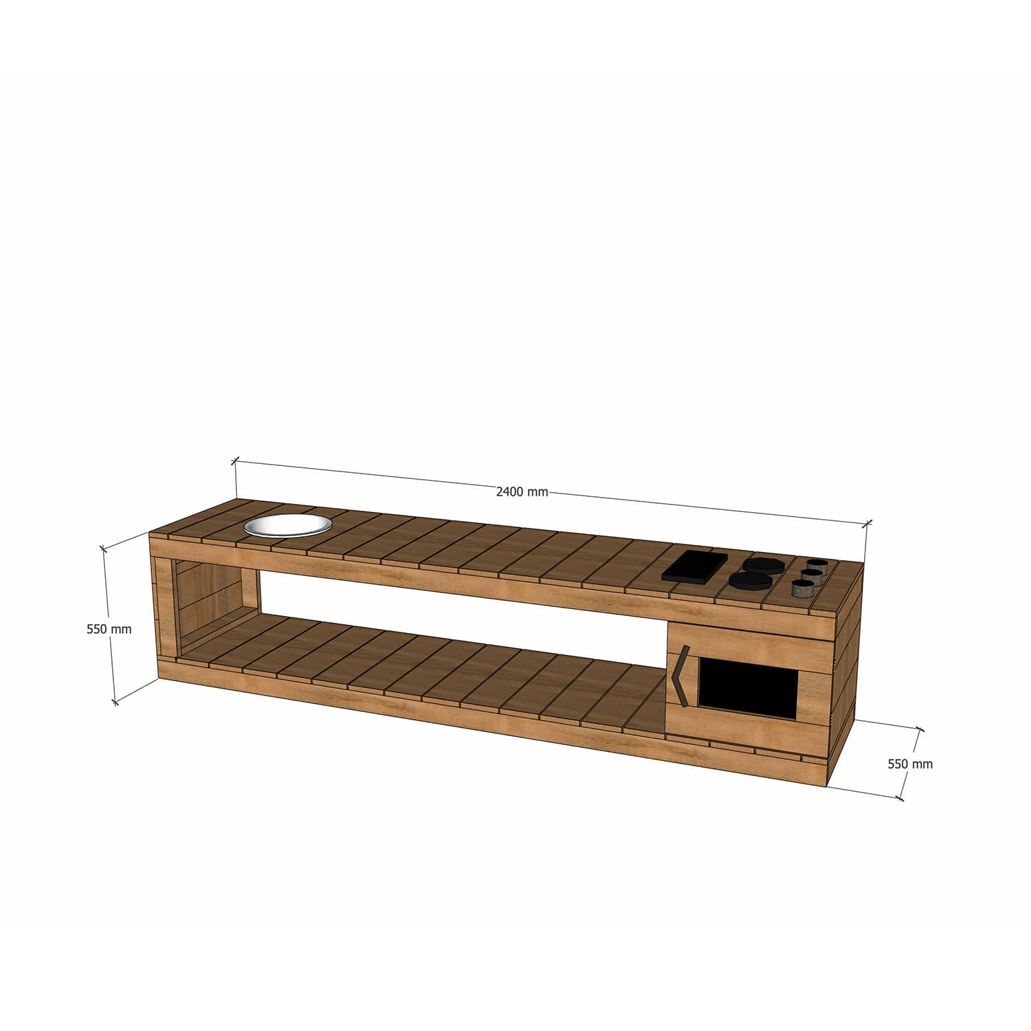 Thermory mud kitchen with oven 2400mm wide and 550mm bench height
