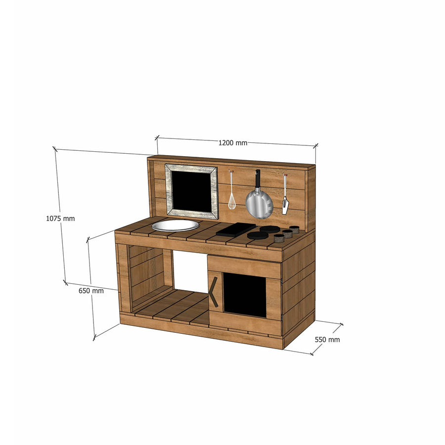 Thermory mud kitchen with oven 1200mm wide with half back and 650mm bench height